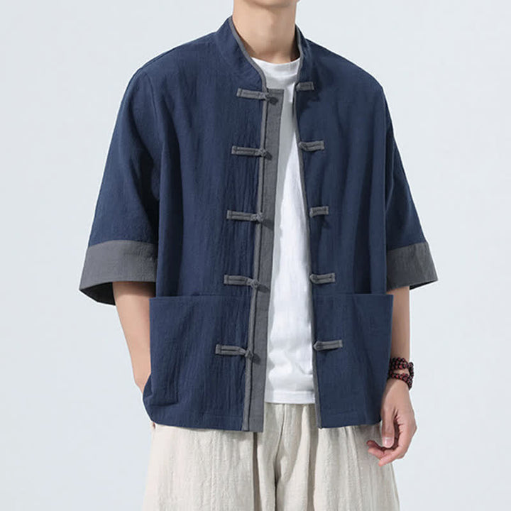 Buddha Stones Summer Casual Tang Style Frog Button Solid Cotton Men's Short Sleeve Shirts With Pocket - image 5