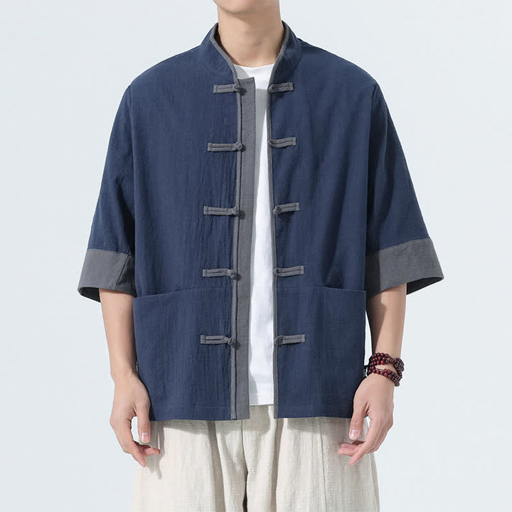 Buddha Stones Summer Casual Tang Style Frog Button Solid Cotton Men's Short Sleeve Shirts With Pocket - Navy - US/UK/AU46, EU56 (5XL) - image 0