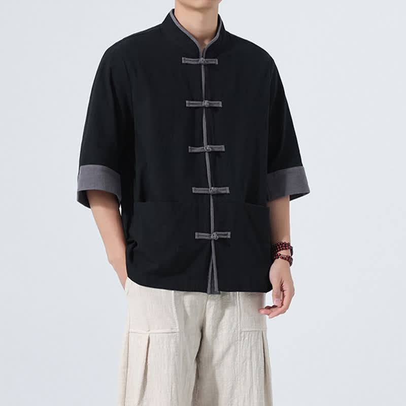Buddha Stones Summer Casual Tang Style Frog Button Solid Cotton Men's Short Sleeve Shirts With Pocket - image 19