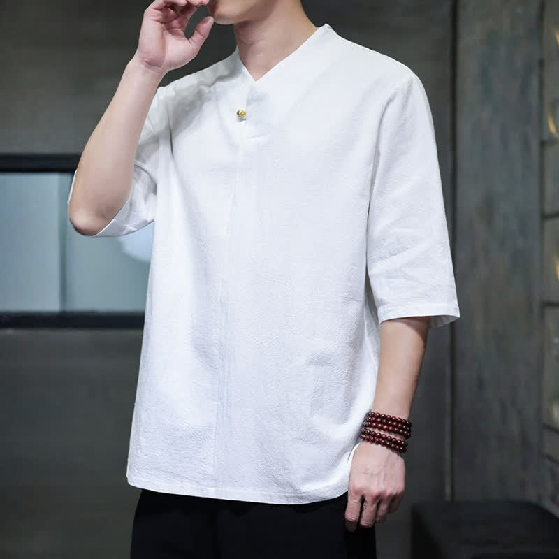 Buddha Stones Summer Casual Tang Style Mandarin Collar Solid Men's Short Sleeve Shirts - image 19