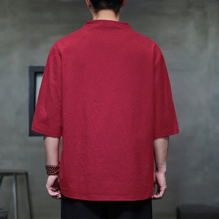Buddha Stones Summer Casual Tang Style Mandarin Collar Solid Men's Short Sleeve Shirts - image 12