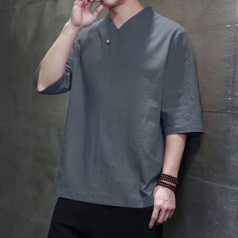 Buddha Stones Summer Casual Tang Style Mandarin Collar Solid Men's Short Sleeve Shirts - image 3