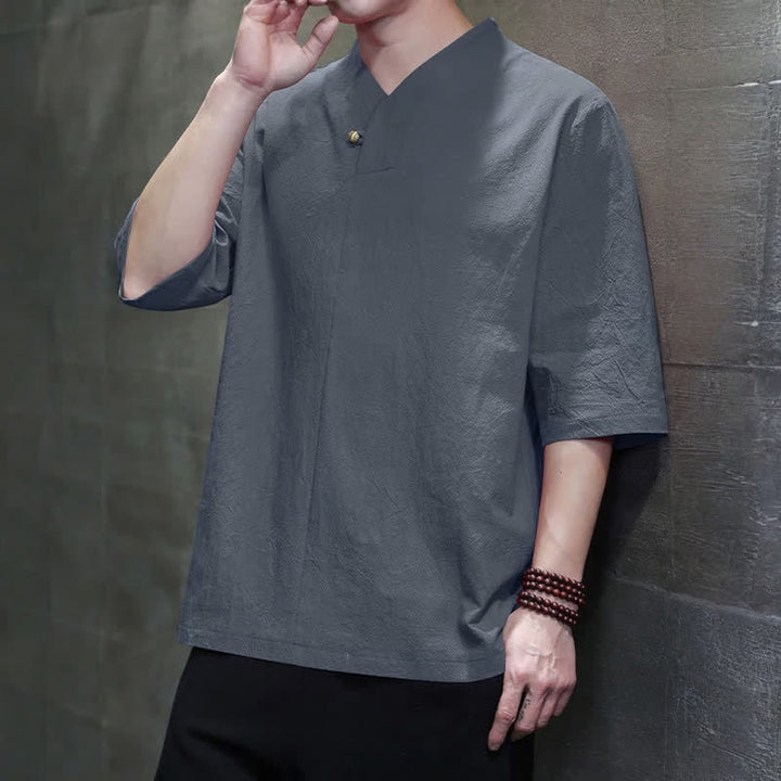 Buddha Stones Summer Casual Tang Style Mandarin Collar Solid Men's Short Sleeve Shirts - image 3
