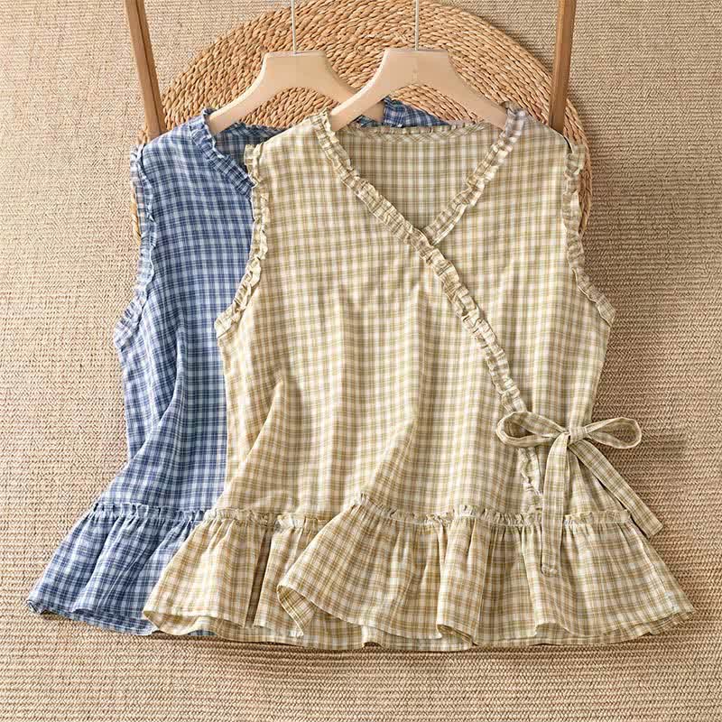 Buddha Stones Summer Casual Vintage Ruffle V-Neck Plaid Tank Top Women's Sleeveless T-Shirts - image 15