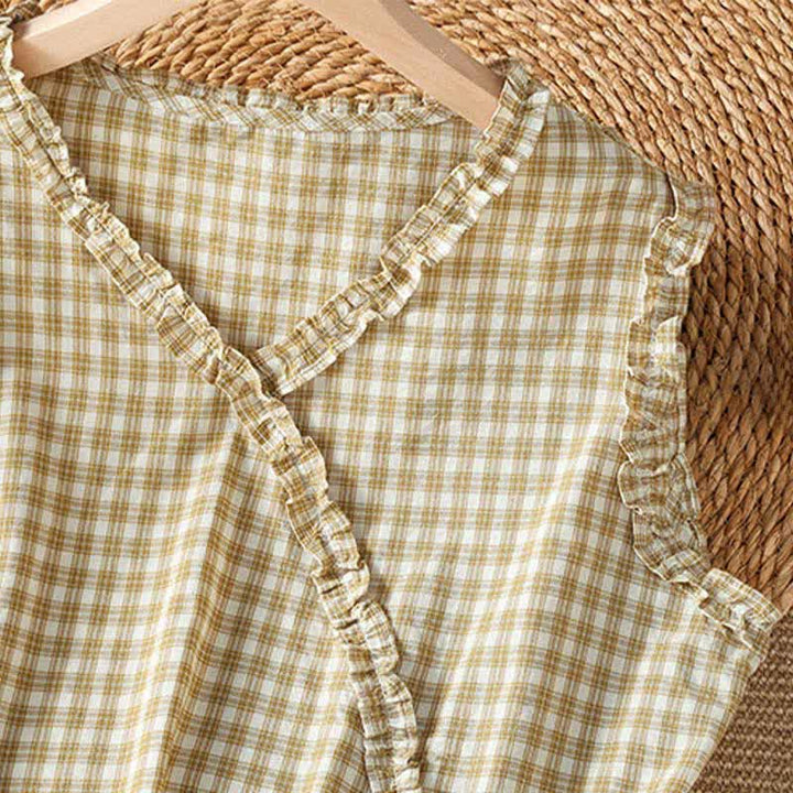 Buddha Stones Summer Casual Vintage Ruffle V-Neck Plaid Tank Top Women's Sleeveless T-Shirts - image 10