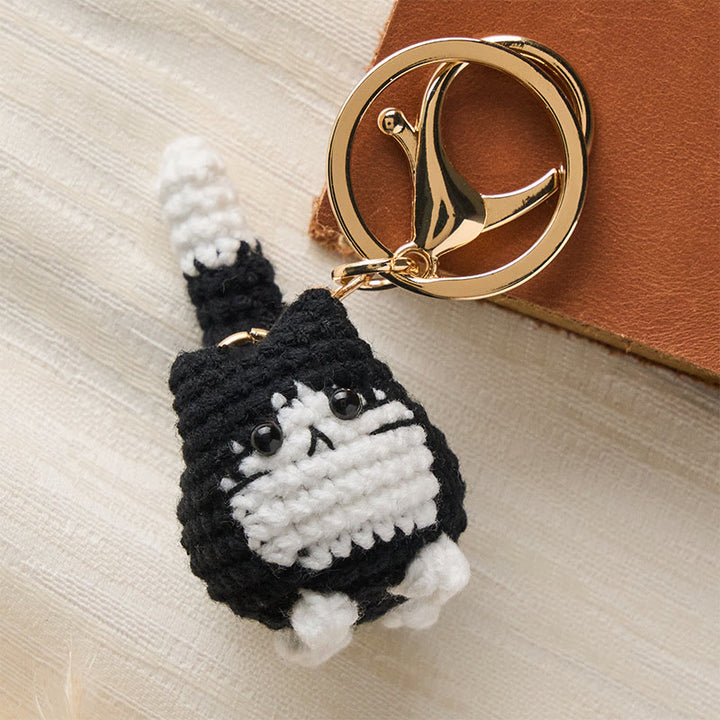 Buddha Stones Handmade Crochet Cute Cat Bag Charm Softness Keychains - Black & White Cat - image 9