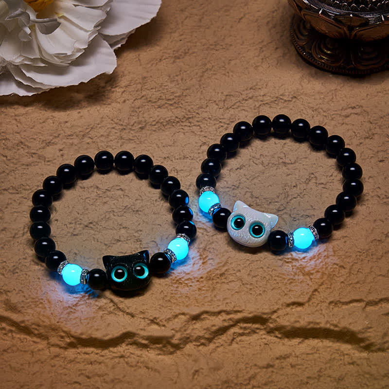 Buddha Stones Black Obsidian Cute Big Eye Cat Protection Beaded Bracelet - image 0