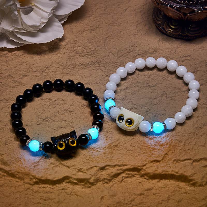 Buddha Stones Black Obsidian White Chalcedony Big-Eye Cat Head Purity Bead Bracelet - image 0