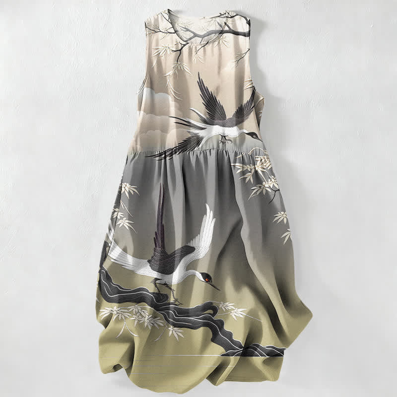 Buddha Stones Summer Casual Crane Bamboo Pattern Women's Summer Sleeveless Midi Dress With Pockets - Olive - US16，UK/AU20，EU48 (3XL) - image 5