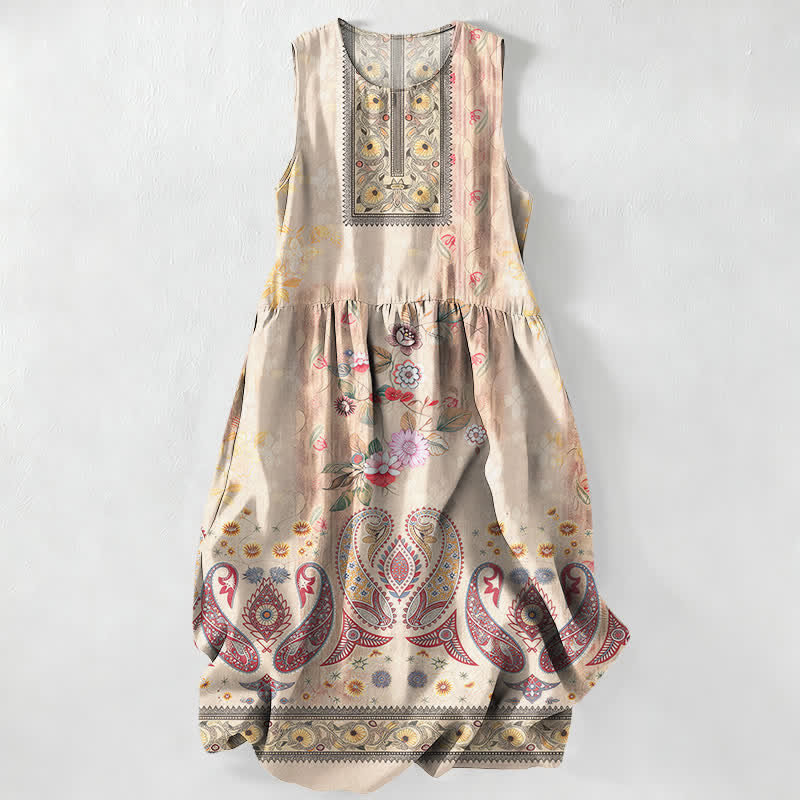 Buddha Stones Summer Casual Vintage Floral Medallions Leaves Pattern Women's Summer Sleeveless Midi Dress With Pockets - OldLace - US16，UK/AU20，EU48 (3XL) - image 0