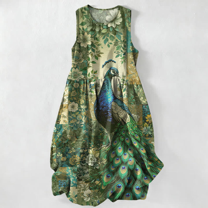 Buddha Stones Summer Casual Peacock Floral Patchwork Pattern Women's Summer Sleeveless Midi Dress With Pockets - OliveDrab - US16，UK/AU20，EU48 (3XL) - image 4