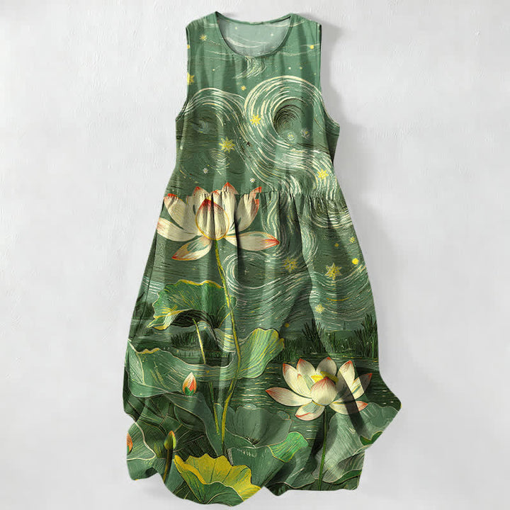 Buddha Stones Summer Casual Lotus Swirl Pattern Women's Summer Sleeveless Midi Dress With Pockets - SeaGreen - US16，UK/AU20，EU48 (3XL) - image 5