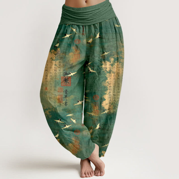 Buddha Stones Cotton Golden Crane Calligraphy Pattern Women's Elastic Waist Harem Pants - SeaGreen - US16，UK/AU20，EU48 (3XL) - image 0