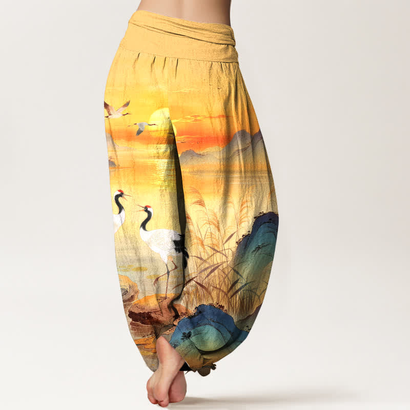 Buddha Stones Cotton Sunrise Mountain Crane Pattern Women's Elastic Waist Harem Pants - image 10