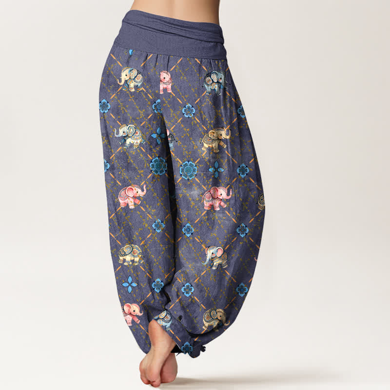 Buddha Stones Cotton Elephant Floral Pattern Women's Elastic Waist Harem Pants - image 2