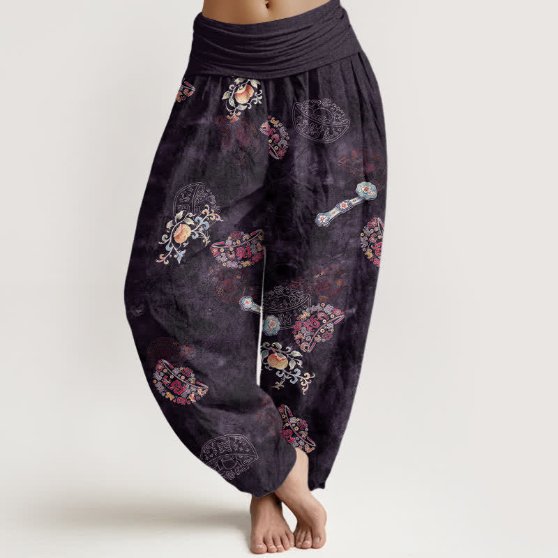 Buddha Stones Cotton Bohemian Floral Fan Pattern Women's Elastic Waist Harem Pants - Indigo - US16，UK/AU20，EU48 (3XL) - image 5