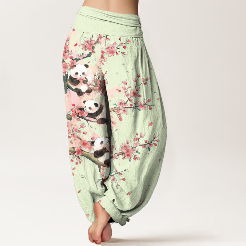Buddha Stones Cotton Panda Sakura Blossom Pattern Women's Elastic Waist Harem Pants - image 7