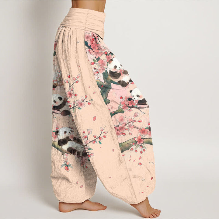 Buddha Stones Cotton Panda Sakura Blossom Pattern Women's Elastic Waist Harem Pants - image 9
