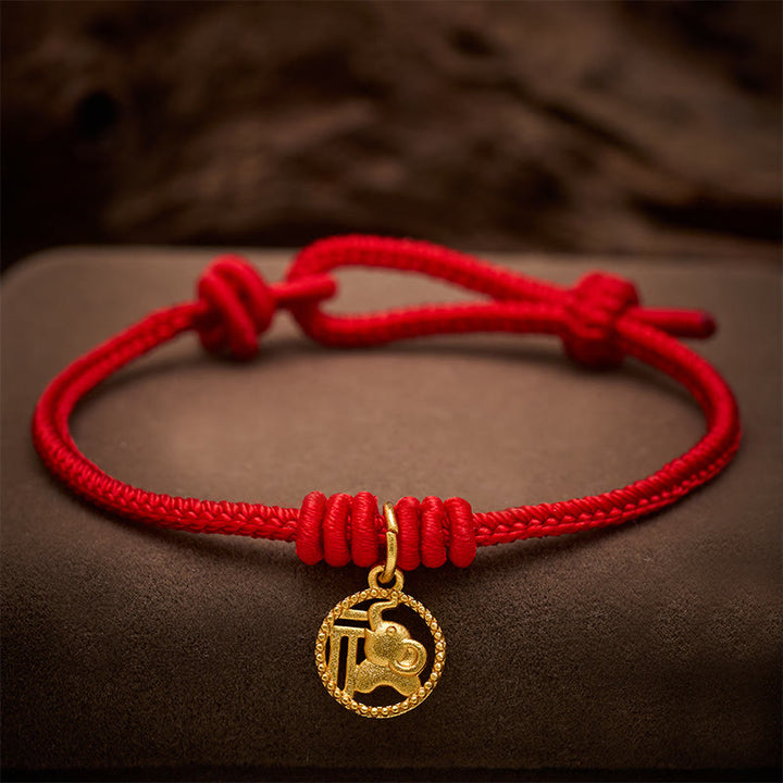 Buddha Stones Elephant Fu Character Gold Plated Copper Red String Wealth Bracelet - Red(Wrist Circumference 15-18cm) - image 0