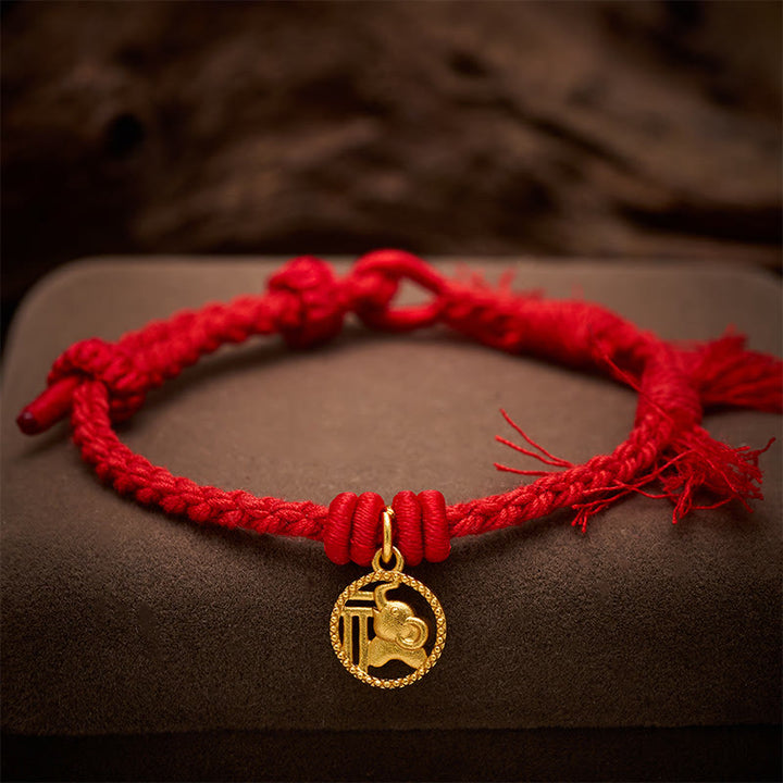 Buddha Stones Elephant Fu Character Gold Plated Copper Red String Balance Tibet Bracelet - image 3
