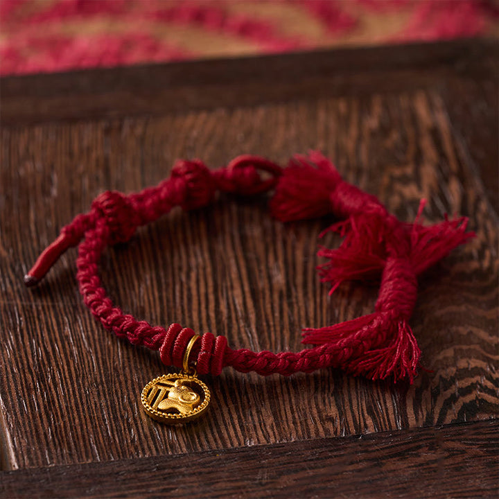 Buddha Stones Elephant Fu Character Gold Plated Copper Red String Balance Tibet Bracelet - image 13