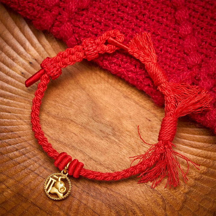 Buddha Stones Elephant Fu Character Gold Plated Copper Red String Balance Tibet Bracelet - Red(Wrist Circumference 14-17cm) - image 0