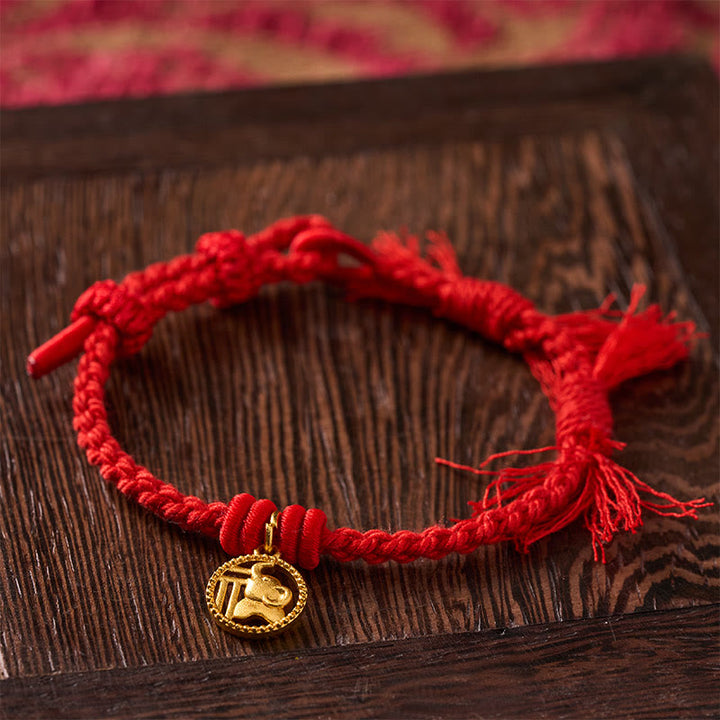 Buddha Stones Elephant Fu Character Gold Plated Copper Red String Balance Tibet Bracelet - image 2