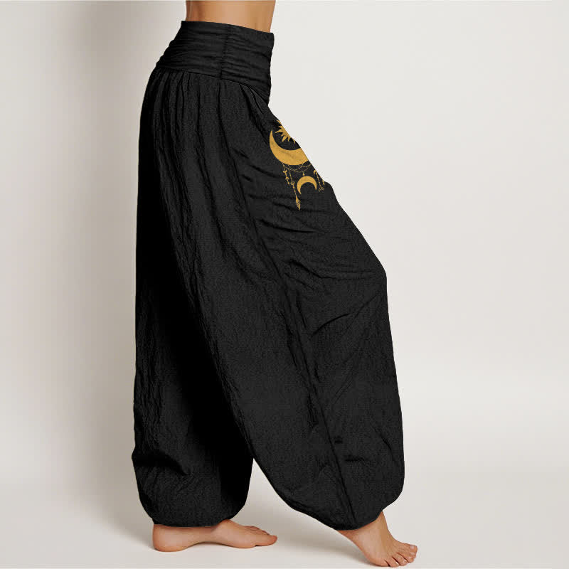 Buddha Stones Pure Cotton Golden Crescent Moon Stars Pattern Women's Elastic Waist Harem Pants - image 6