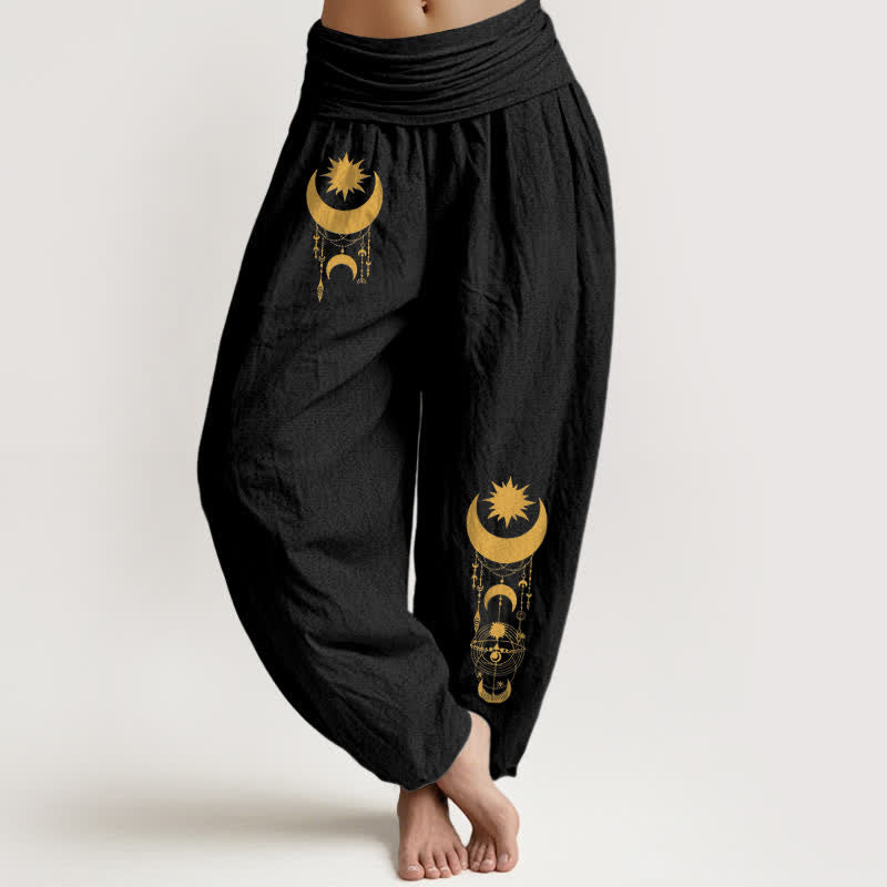 Buddha Stones Pure Cotton Golden Crescent Moon Stars Pattern Women's Elastic Waist Harem Pants - Black - US16，UK/AU20，EU48 (3XL) - image 5