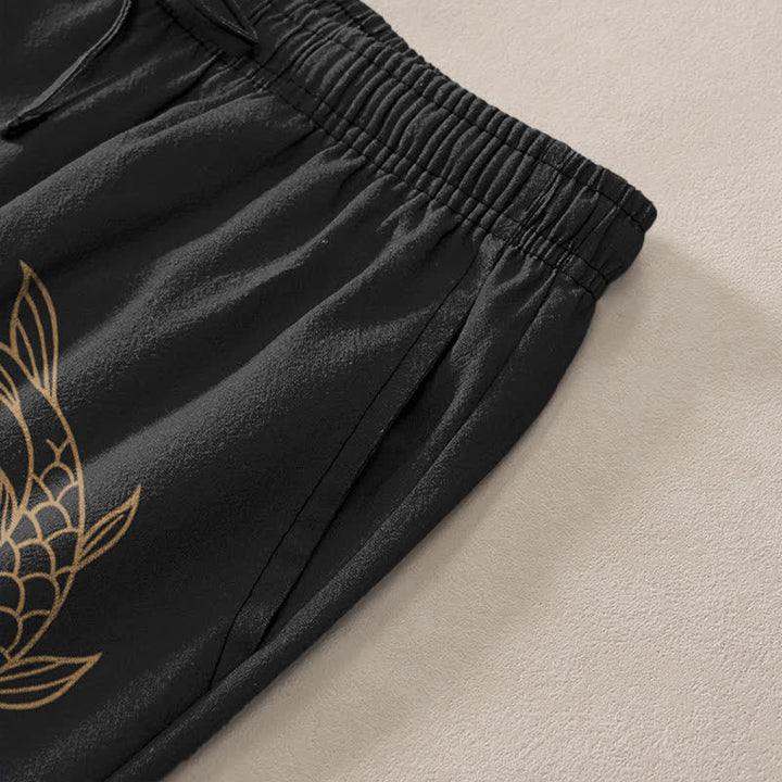 Buddha Stones Cotton Golden Koi Pattern Men's Tapered Pants With Pockets - image 3