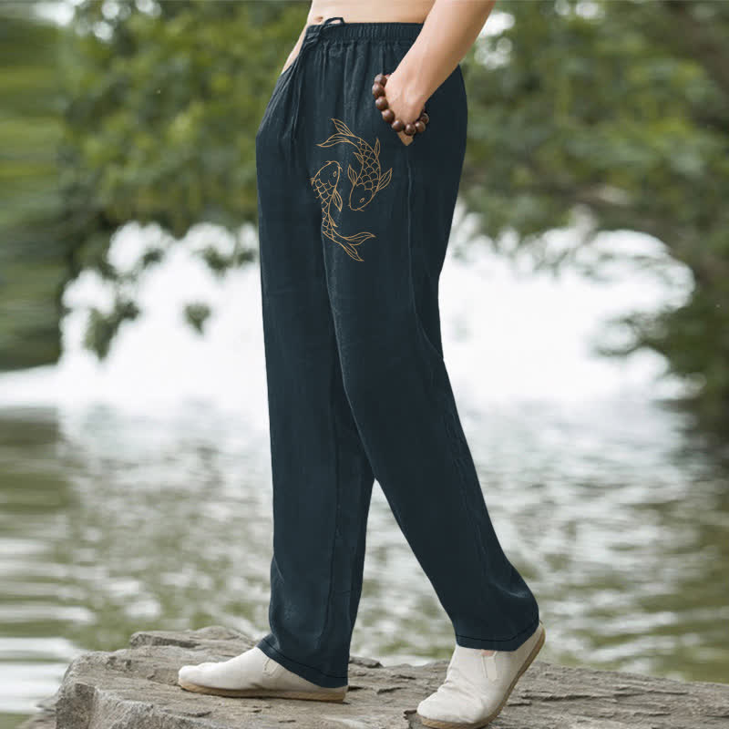 Buddha Stones Cotton Golden Koi Pattern Men's Tapered Pants With Pockets - image 5