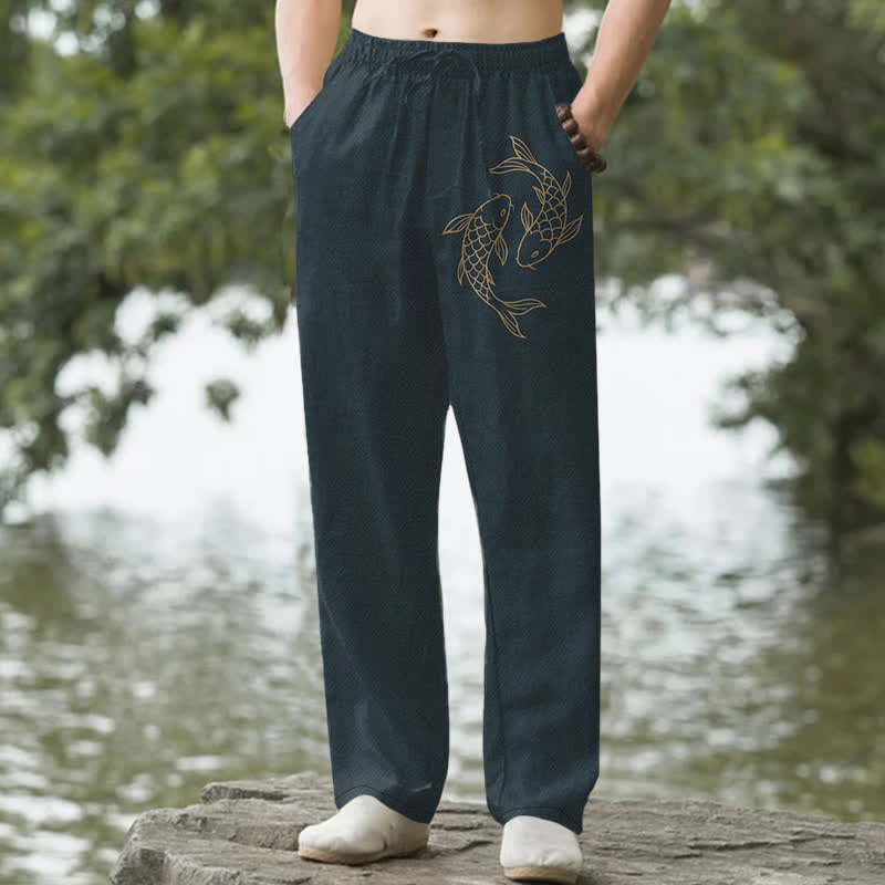 Buddha Stones Cotton Golden Koi Pattern Men's Tapered Pants With Pockets - DarkSlateGray - US/UK/AU50，EU60 (5XL) - image 4