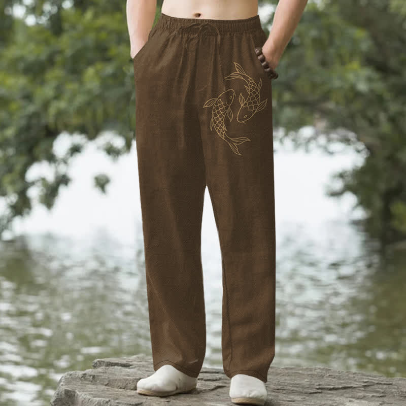 Buddha Stones Cotton Golden Koi Pattern Men's Tapered Pants With Pockets - SaddleBrown - US/UK/AU50，EU60 (5XL) - image 6