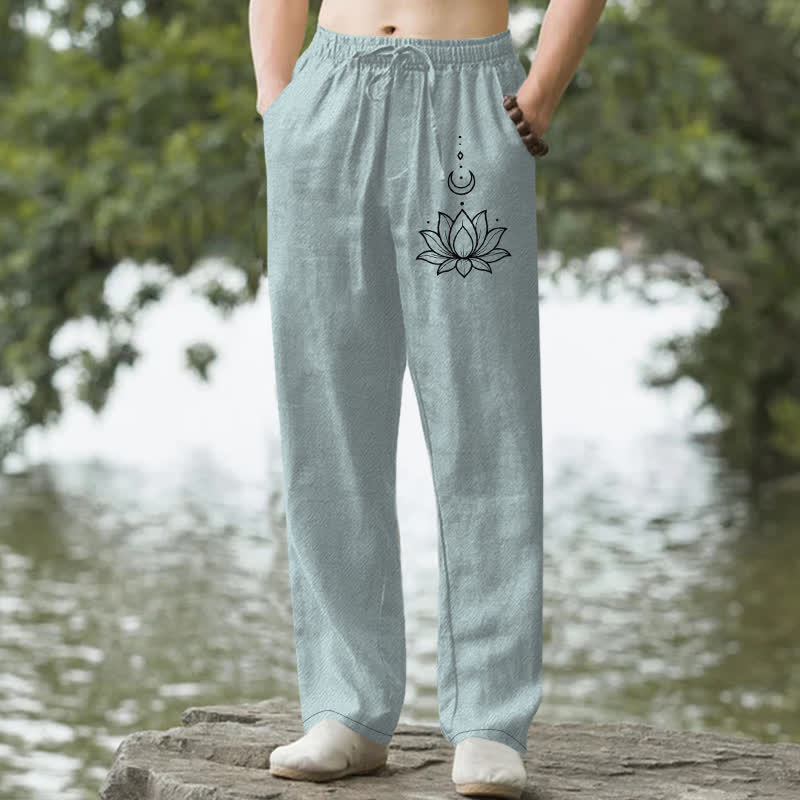 Buddha Stones Cotton Lotus Moon Pattern Men's Tapered Pants With Pockets - LightBlue - US/UK/AU50，EU60 (5XL) - image 0