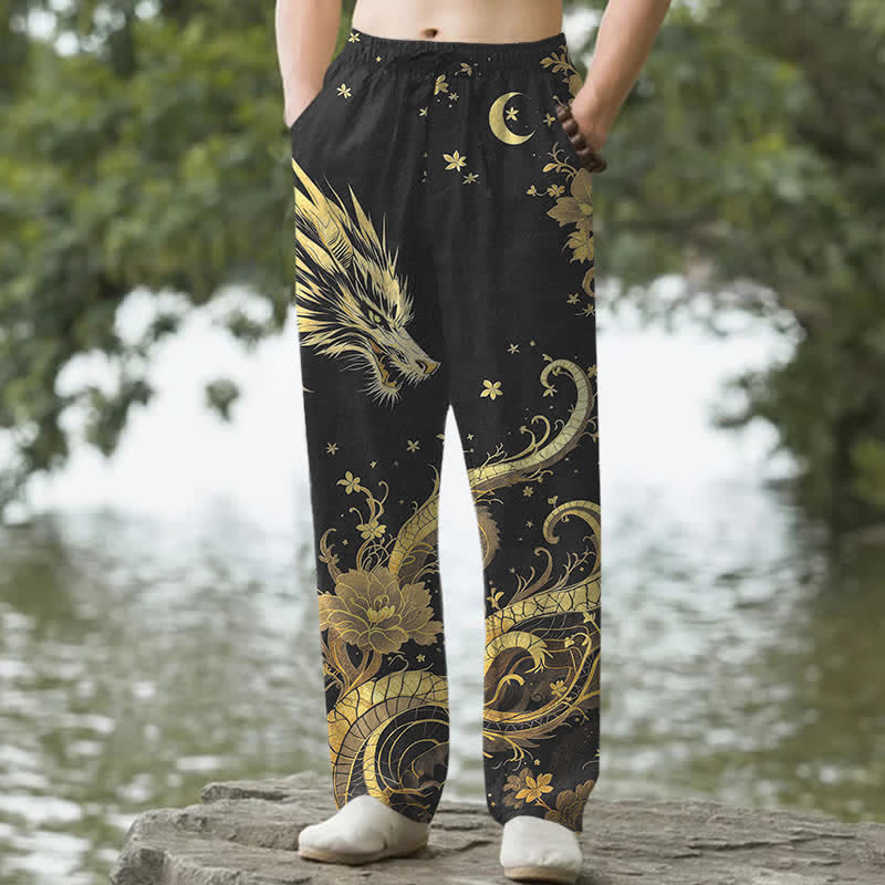 Buddha Stones Cotton Golden Dragon Cloud Pattern Men's Tapered Pants With Pockets - Black - US/UK/AU50，EU60 (5XL) - image 0
