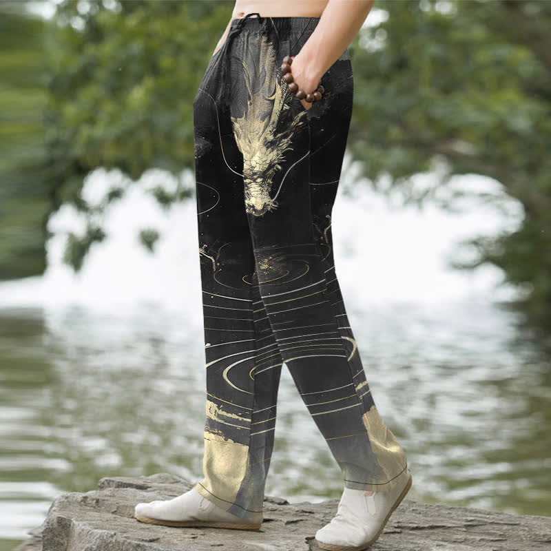 Buddha Stones Cotton Golden Dragon Wave Pattern Men's Tapered Pants With Pockets - image 5
