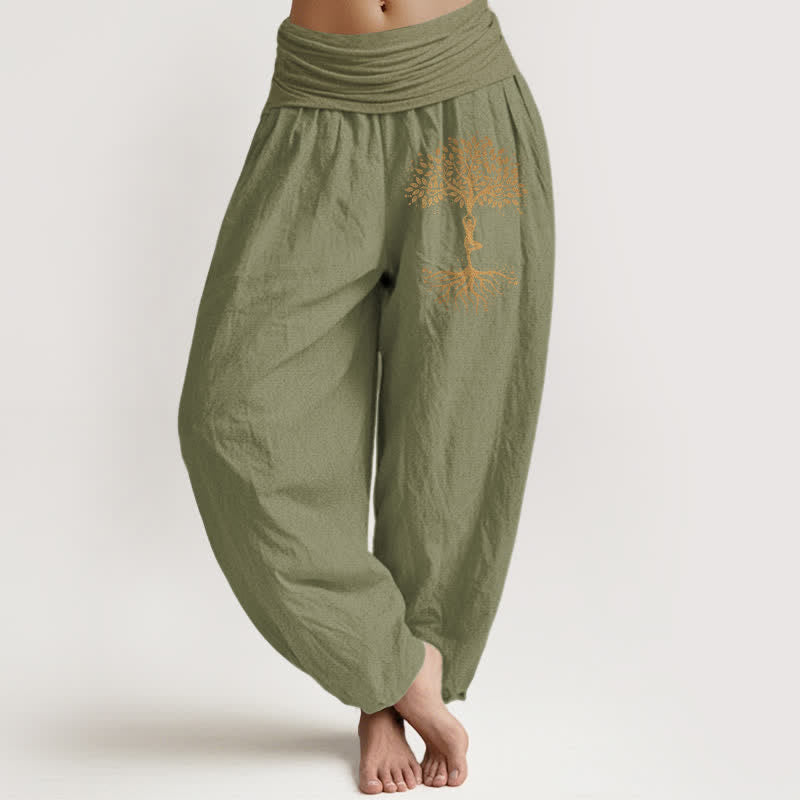 Buddha Stones Pure Cotton Golden Tree of Life Pattern Women's Elastic Waist Harem Pants - OliveDrab - US16，UK/AU20，EU48 (3XL) - image 11