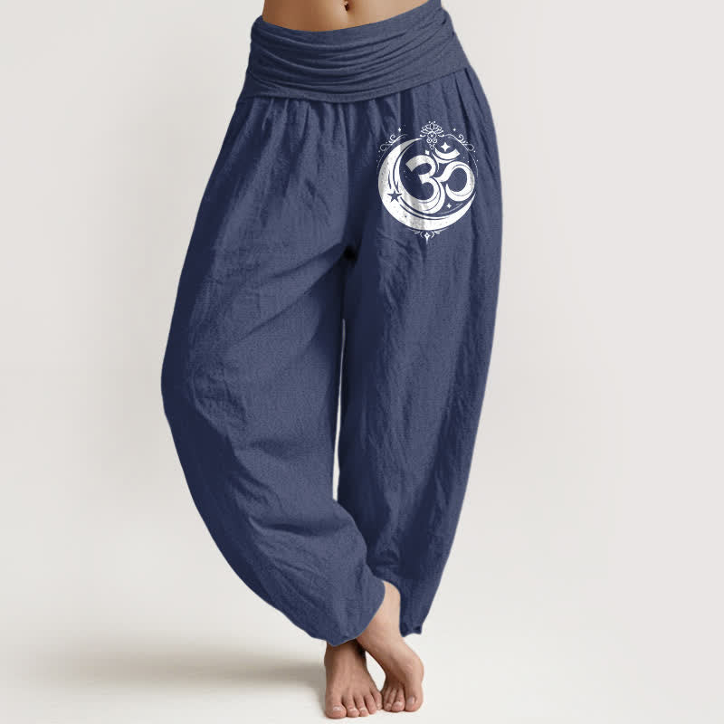 Buddha Stones Pure Cotton Sacred Om Pattern Women's Elastic Waist Harem Pants - DarkSlateBlue - US16，UK/AU20，EU48 (3XL) - image 8