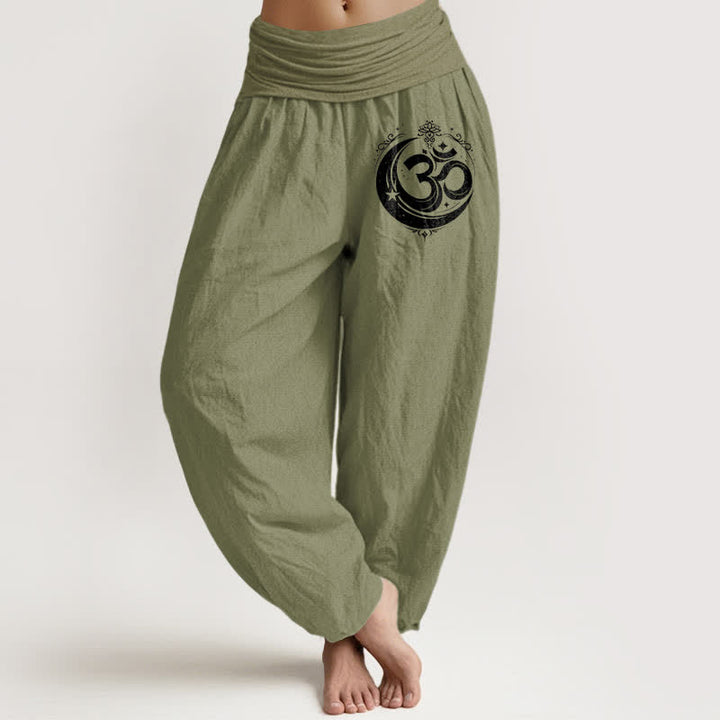 Buddha Stones Pure Cotton Sacred Om Pattern Women's Elastic Waist Harem Pants - OliveDrab - US16，UK/AU20，EU48 (3XL) - image 0