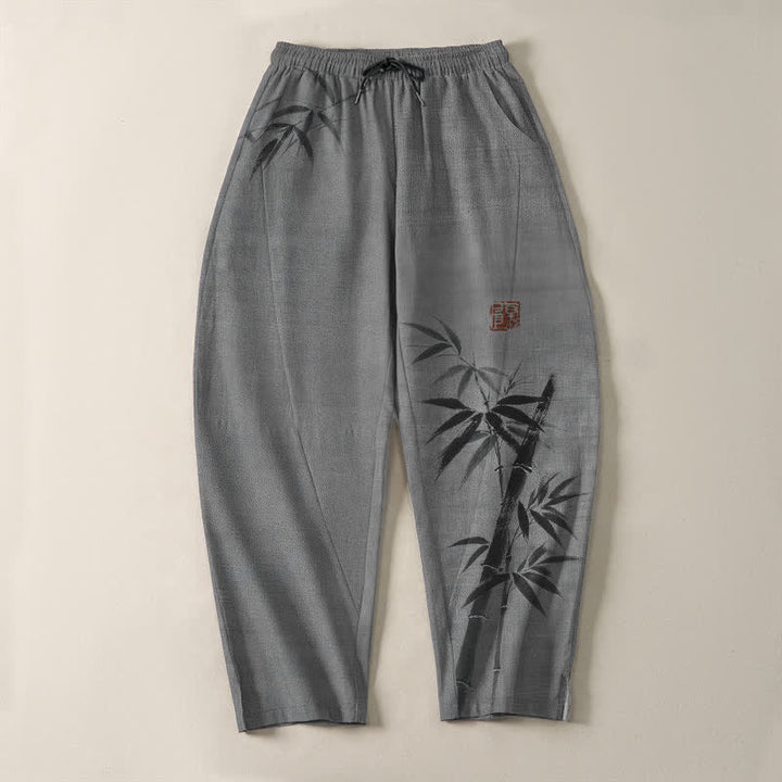 Buddha Stones Pure Cotton Ink Bamboo Pattern Drawstring Men's Tapered Pants With Pockets - image 2