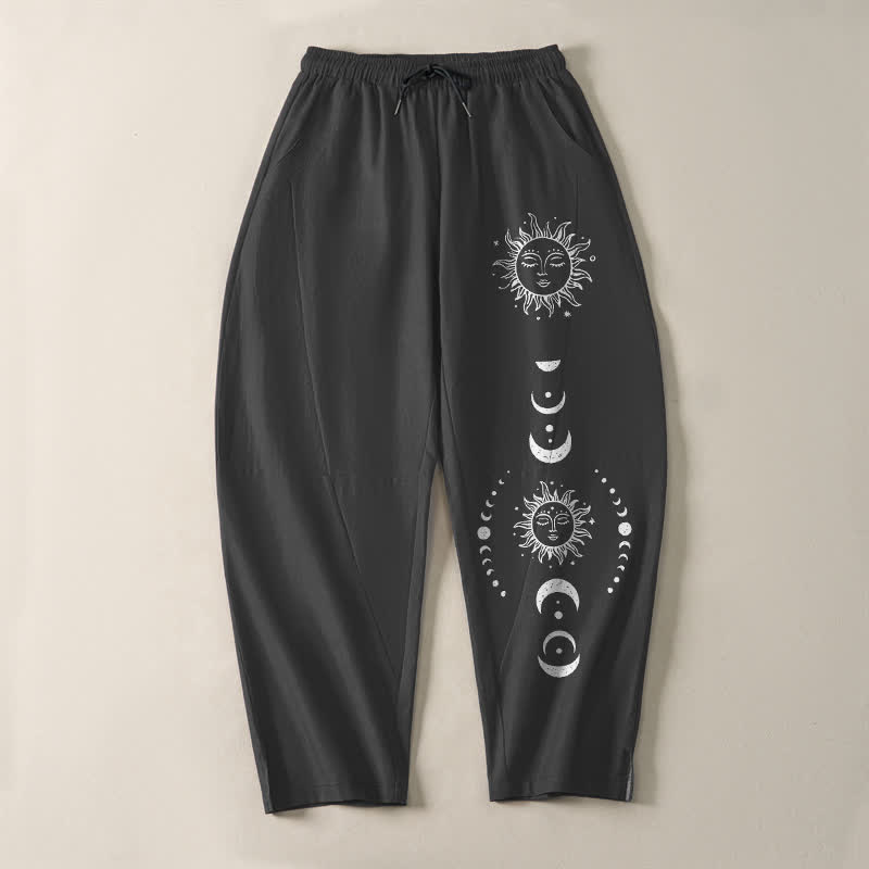 Buddha Stones Pure Cotton Sun Moon Phase Pattern Drawstring Men's Tapered Pants With Pockets - image 2