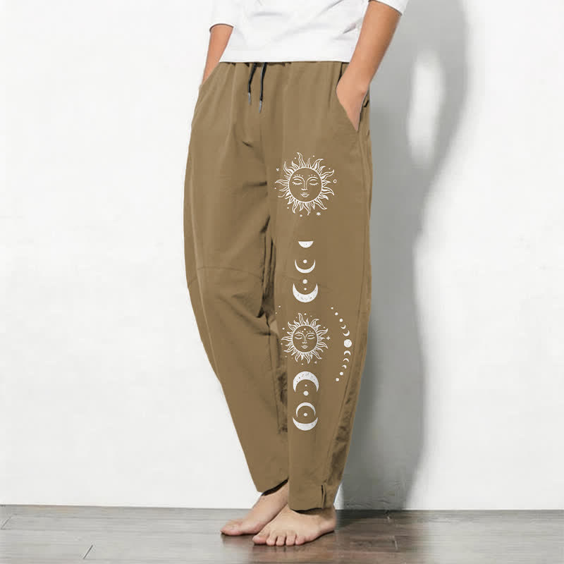 Buddha Stones Pure Cotton Sun Moon Phase Pattern Drawstring Men's Tapered Pants With Pockets - image 8