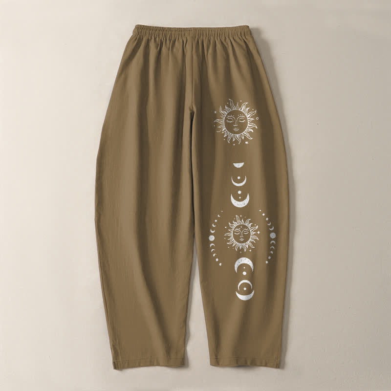 Buddha Stones Pure Cotton Sun Moon Phase Pattern Drawstring Men's Tapered Pants With Pockets - image 10