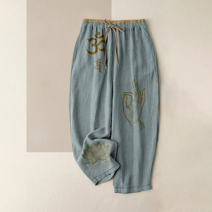 Buddha Stones Pure Cotton Sacred Om Lotus Pattern Women's Elastic Waist Pants With Pockets - LightBlue - US16，UK/AU20，EU48 (3XL) - image 8
