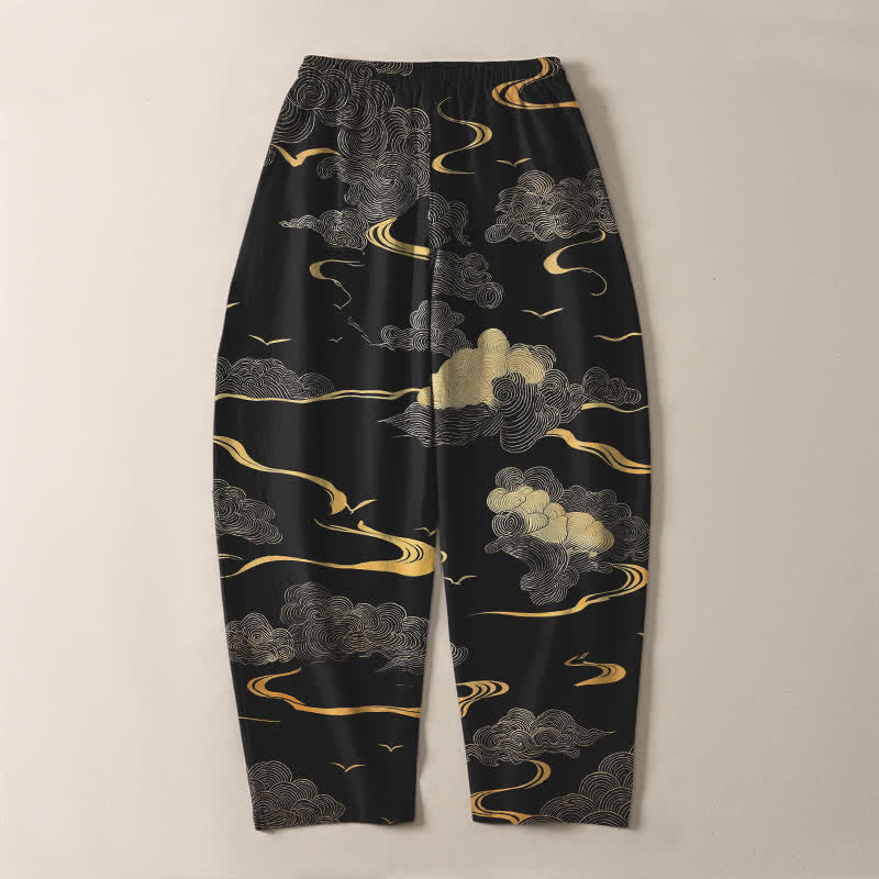 Buddha Stones Pure Cotton Golden Cloud Wave Pattern Drawstring Men's Tapered Pants With Pockets - image 3