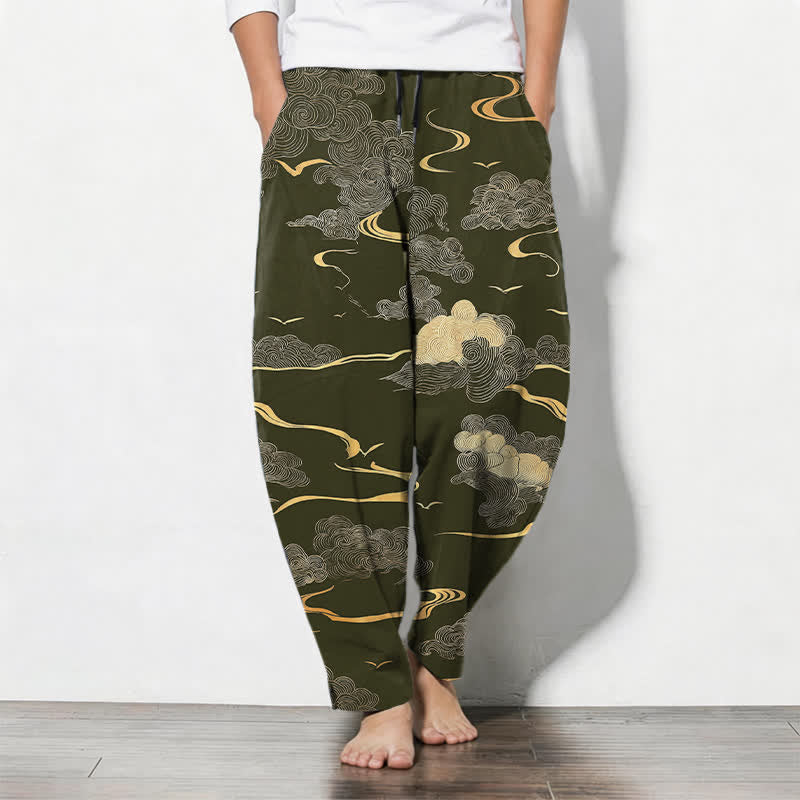 Buddha Stones Pure Cotton Golden Cloud Wave Pattern Drawstring Men's Tapered Pants With Pockets - DarkOliveGreen - US/UK/AU50，EU60 (5XL) - image 7