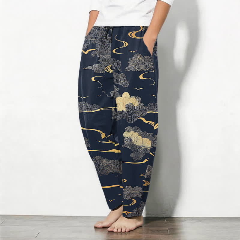 Buddha Stones Pure Cotton Golden Cloud Wave Pattern Drawstring Men's Tapered Pants With Pockets - image 12