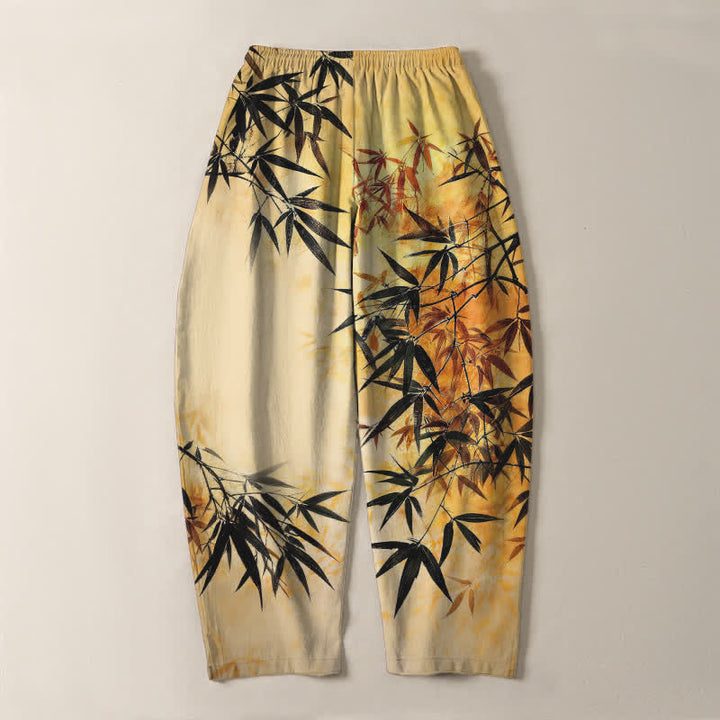 Buddha Stones Pure Cotton Ink Bamboo Leaf Pattern Drawstring Men's Tapered Pants With Pockets - image 14