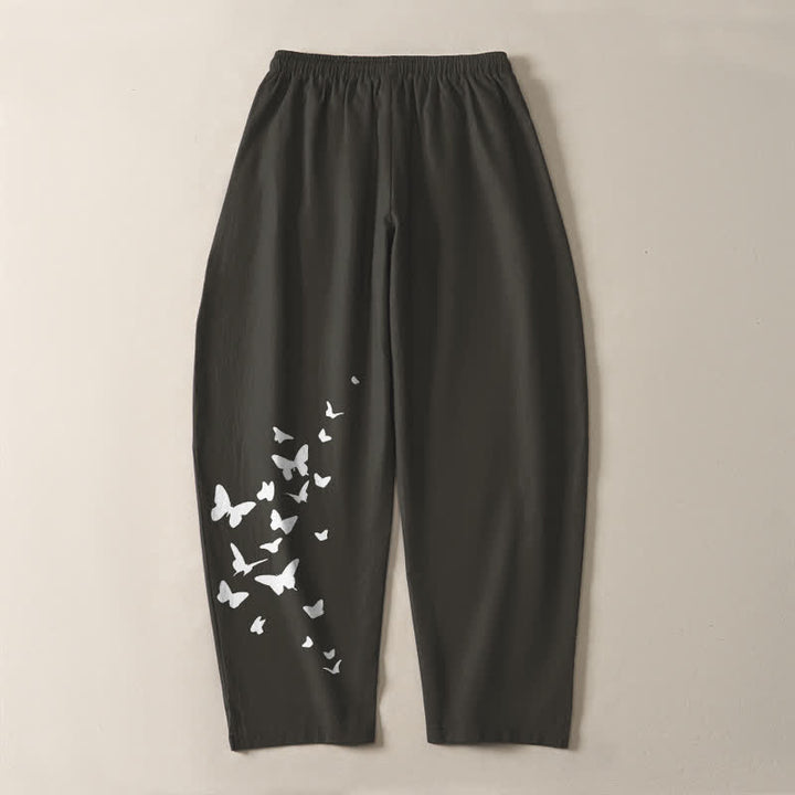Buddha Stones Pure Cotton White Butterfly Cluster Pattern Drawstring Men's Tapered Pants With Pockets - image 3