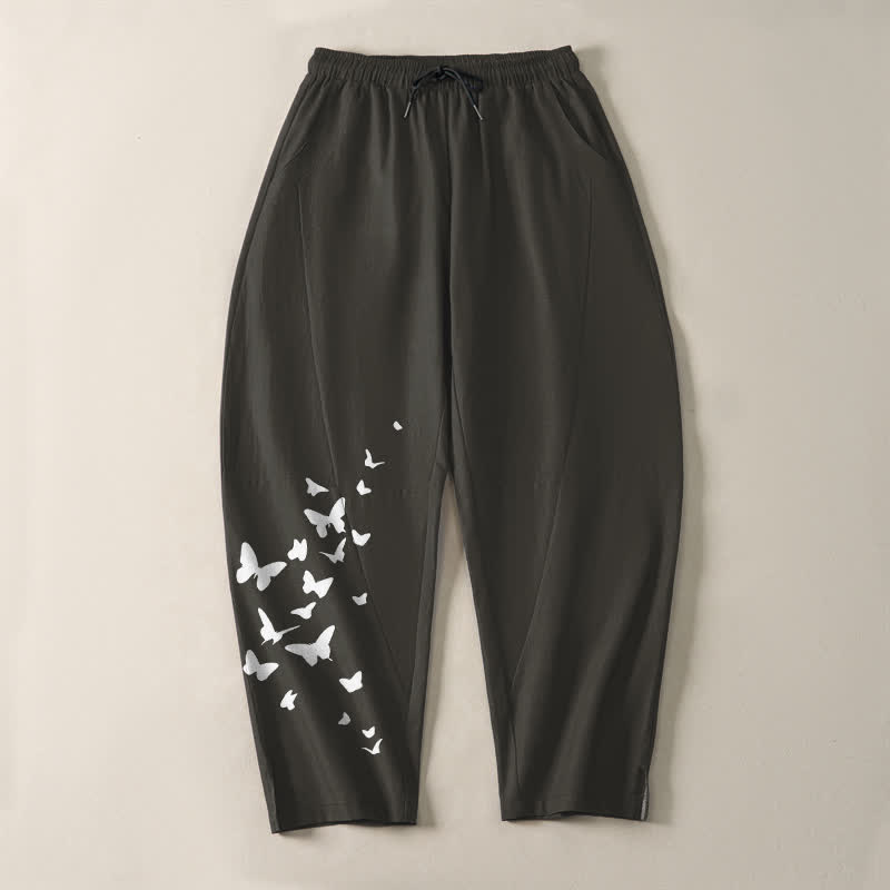 Buddha Stones Pure Cotton White Butterfly Cluster Pattern Drawstring Men's Tapered Pants With Pockets - image 2